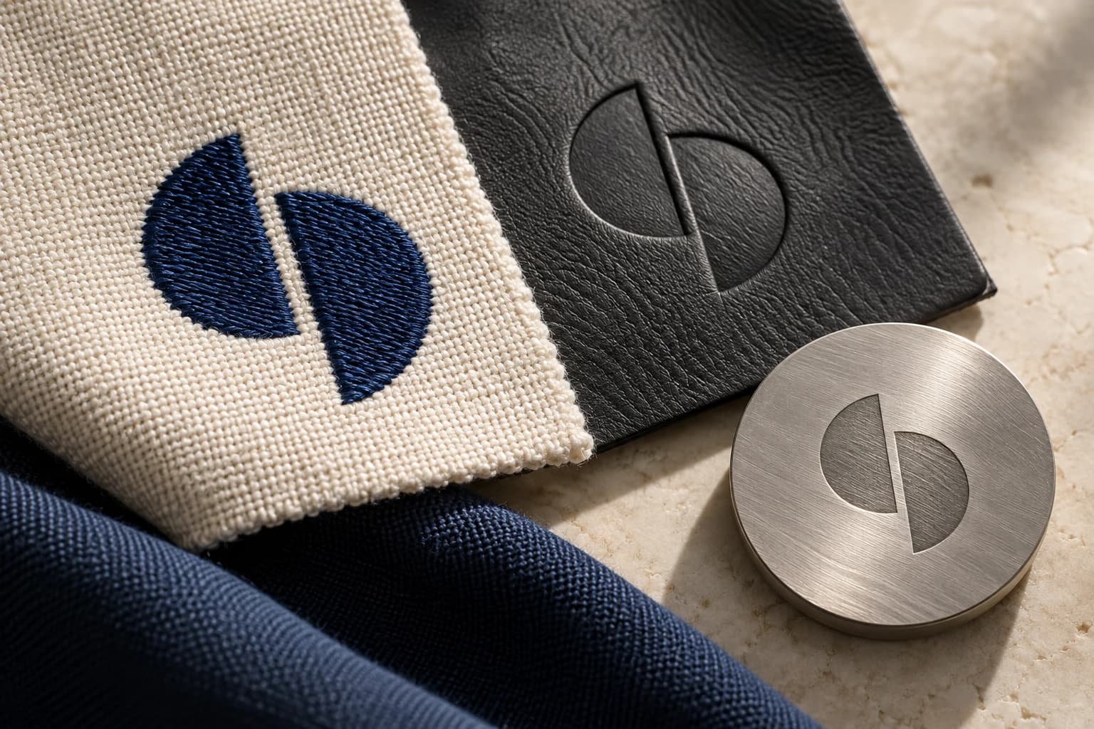 Illustrative material samples showing embroidery, debossing, and engraving