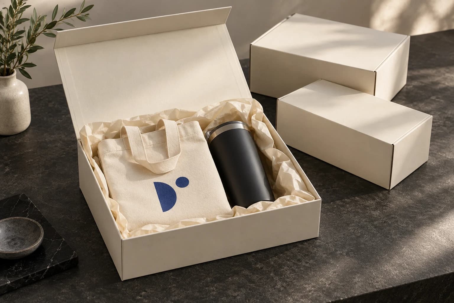 Illustrative ivory gift box with a tote, tumbler, tissue paper, and shipping cartons