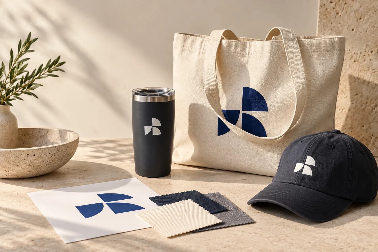 Illustrative arrangement of a tote, tumbler, cap, artwork proof, and fabric swatches