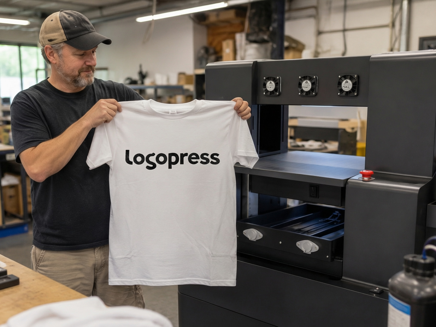 A production specialist presents a white T-shirt printed with the black LogoPress wordmark beside a garment printer.