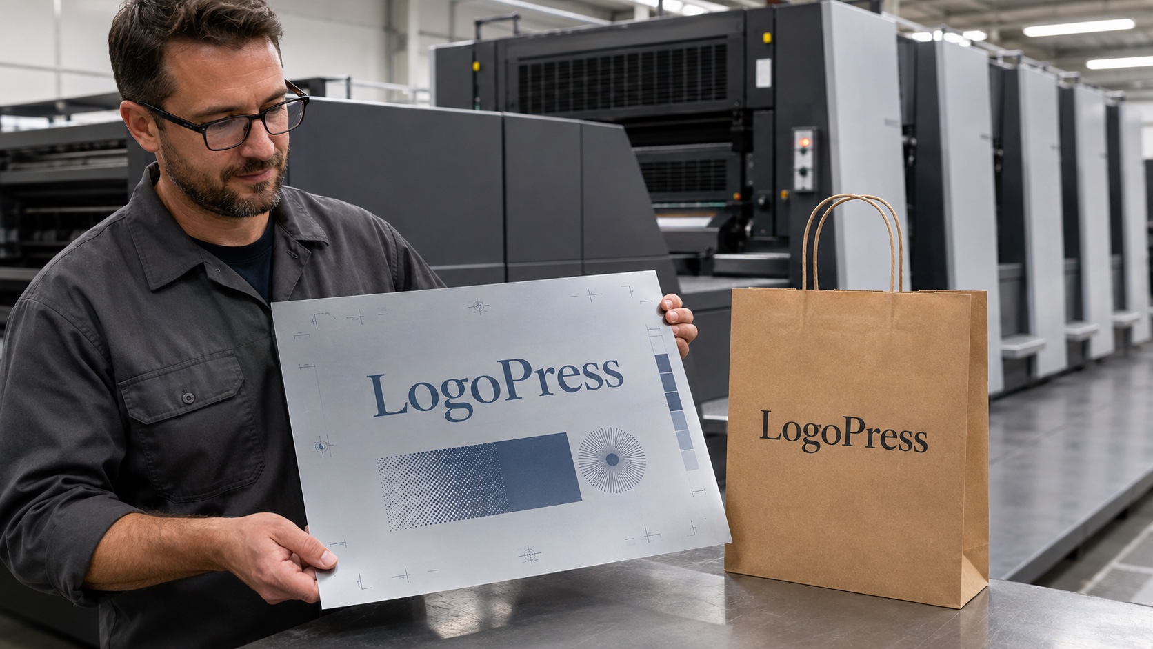 A production specialist holds a right-reading aluminum offset printing plate beside a kraft LogoPress bag in front of a sheetfed offset press.