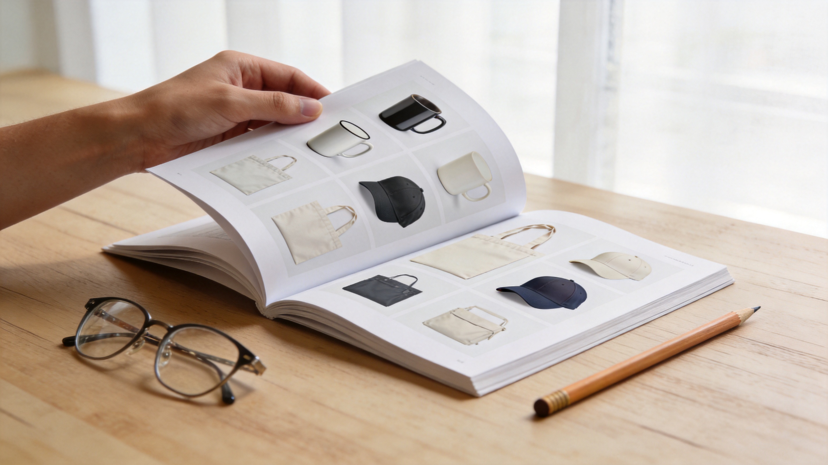 Conceptual editorial photo: an open product catalog with custom merchandise on a wooden desk.