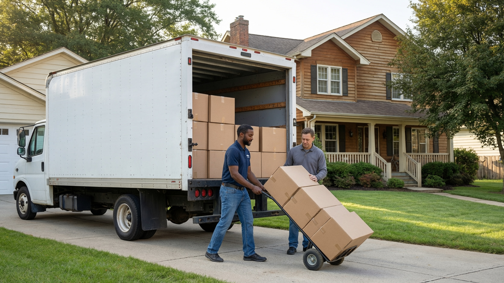 Two delivery workers unload plain cartons from a box truck at a detached American suburban home.