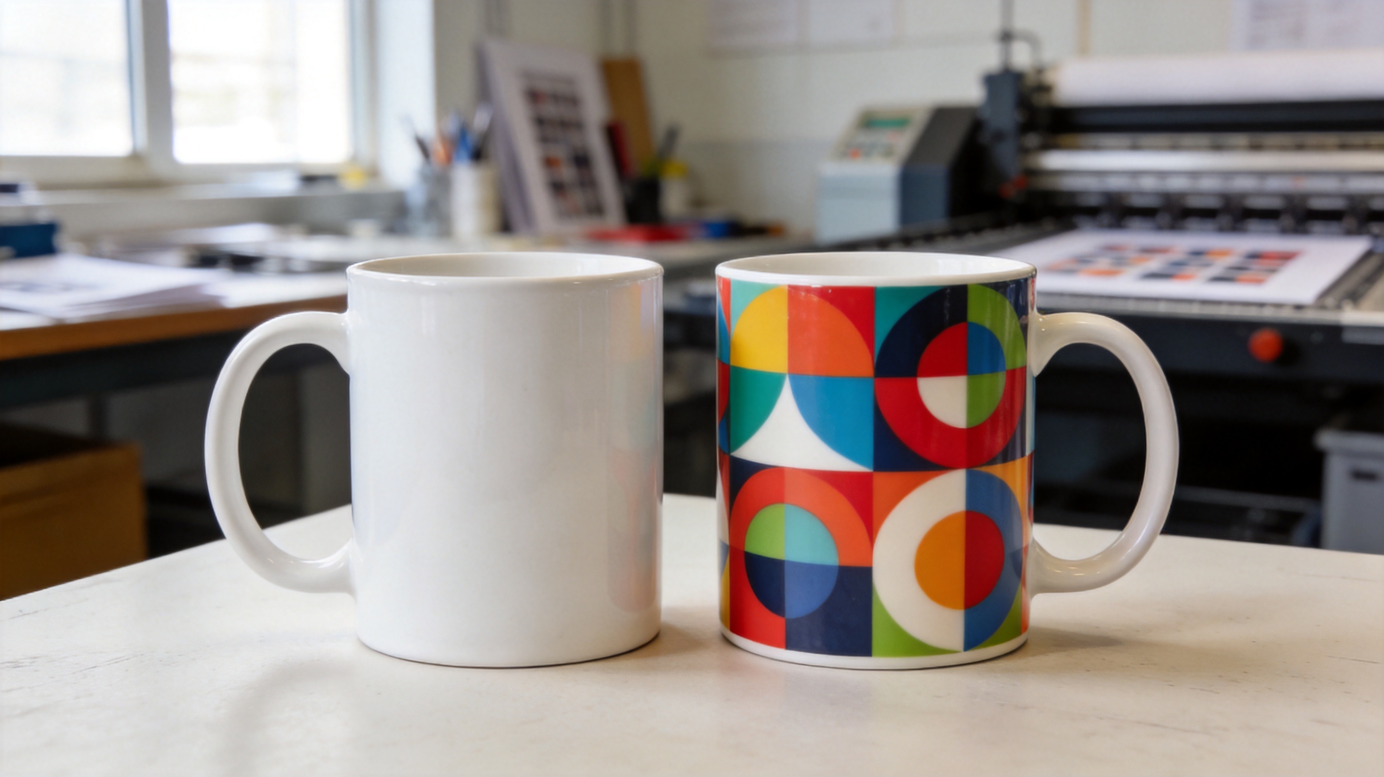 Conceptual editorial photo: two identical mugs side by side, one blank and one with a printed pattern.