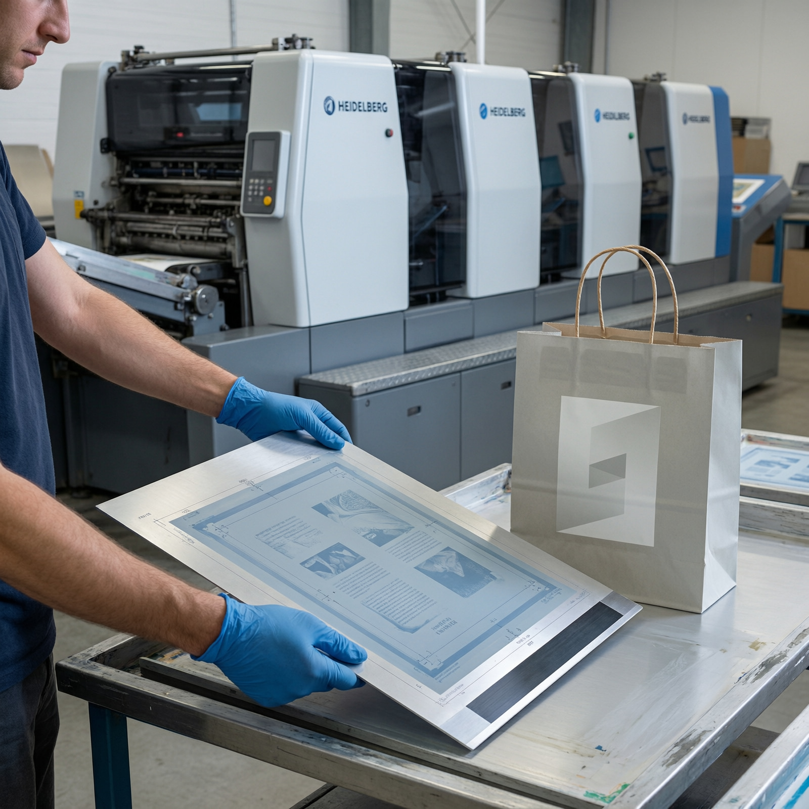 A print technician inspects a thin aluminum offset plate beside a finished paper shopping bag in front of a commercial sheetfed press.