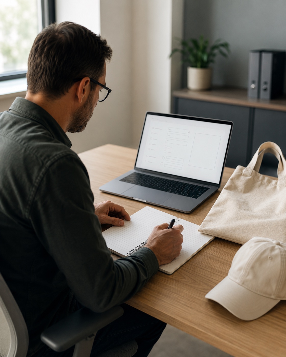 Conceptual editorial photo: a procurement manager drafts a product brief beside a laptop with unbranded tote and cap samples on the desk.