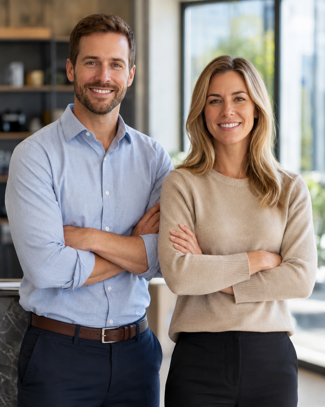 Conceptual editorial photo: two smiling business partners with arms crossed in a bright office.
