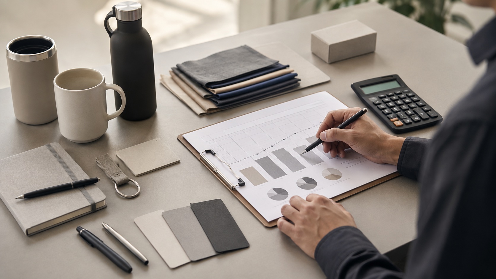 Unbranded product samples, material swatches, and quantity planning notes on a review table.