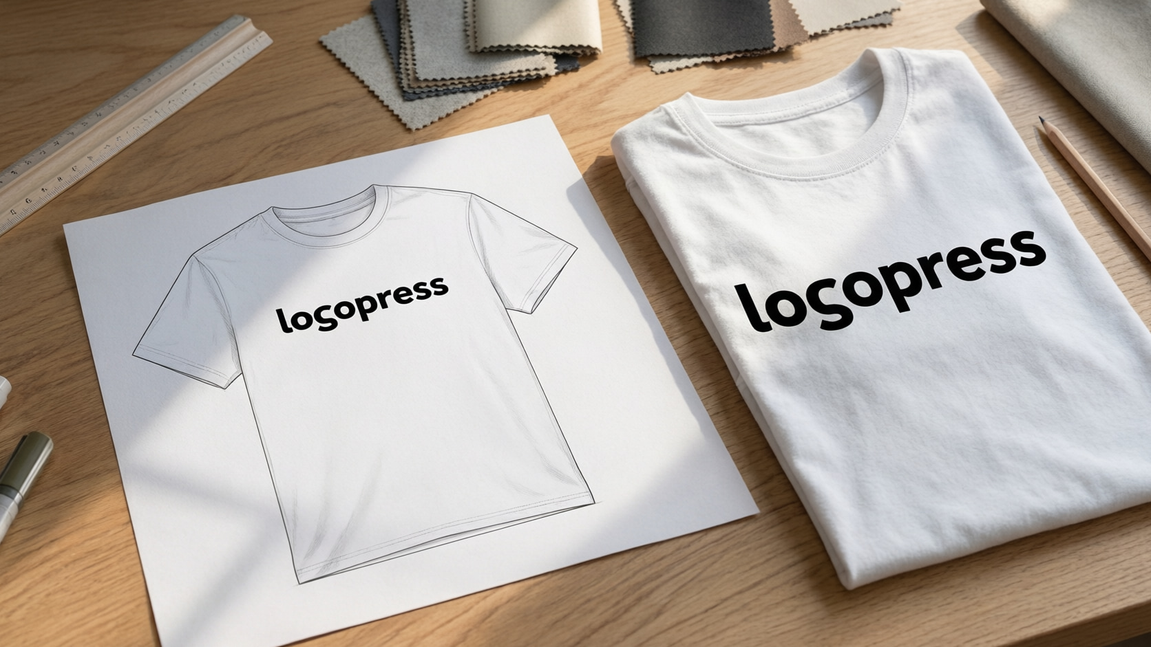 A paper proof of a white T-shirt and a finished white T-shirt display the same black LogoPress wordmark.